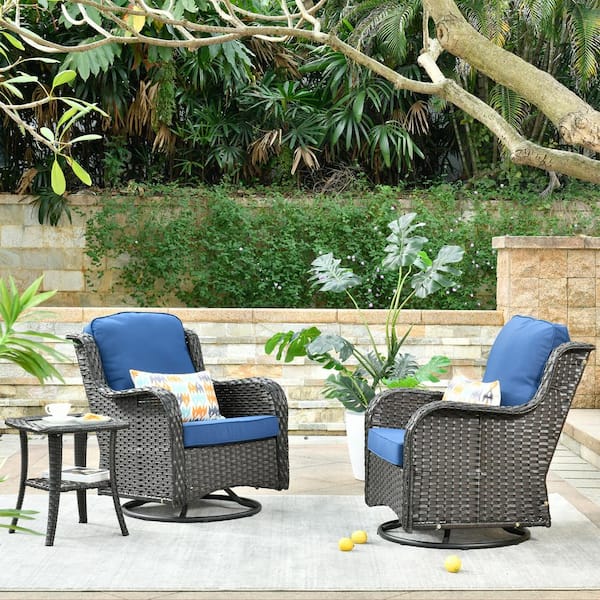 OVIOS Joyoung Brown 3-Piece Wicker Swivel Outdoor Patio Conversation Seating Set with Navy Blue Cushions