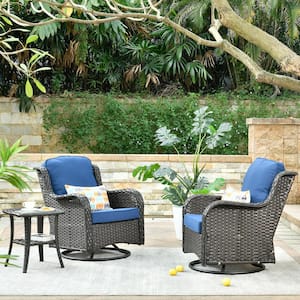 Joyoung Brown 3-Piece Wicker Swivel Outdoor Patio Conversation Seating Set with Navy Blue Cushions