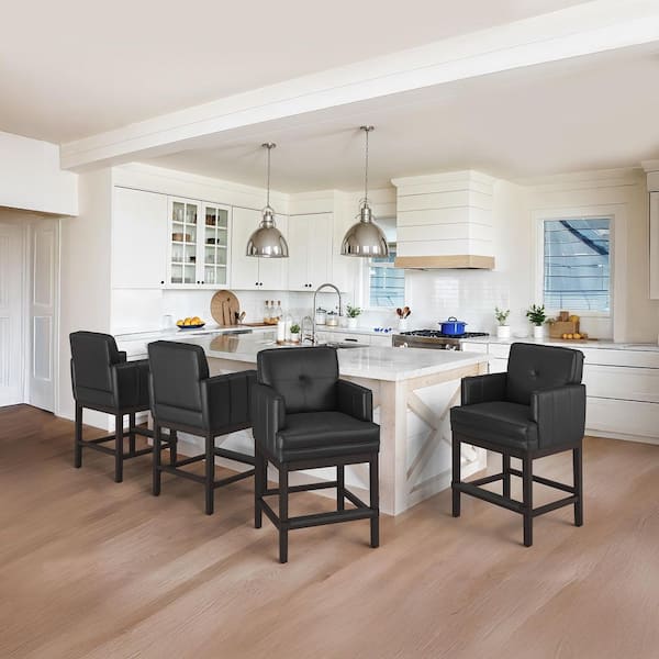 40 in H Black Faux Leather High Back Bar Stool Solid Wood Frame Counter Height Bar Stool with Armrests Set of 4