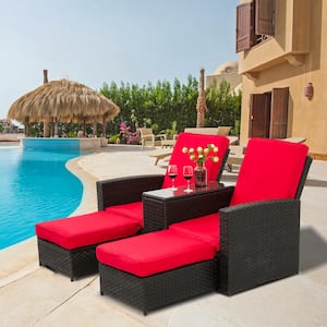 5-Piece Rattan Wicker Outdoor Chaise Lounge Recliner Back Adjustable with Red Cushions