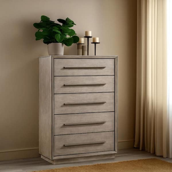 Benjara Lyni Oak Brown 5-Drawer 38 in. Wide Tall Chest of Drawers Dresser Without Mirror