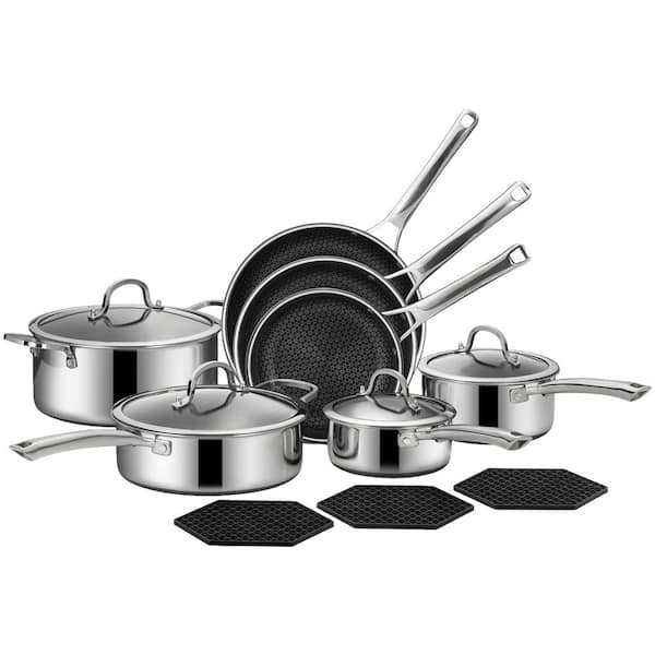 6.1 qt. 14-Pieces Hybrid Stainless Steel Nonstick Cookware Set Induction Compatible Frying Pans, Saucepans, Saute Pan