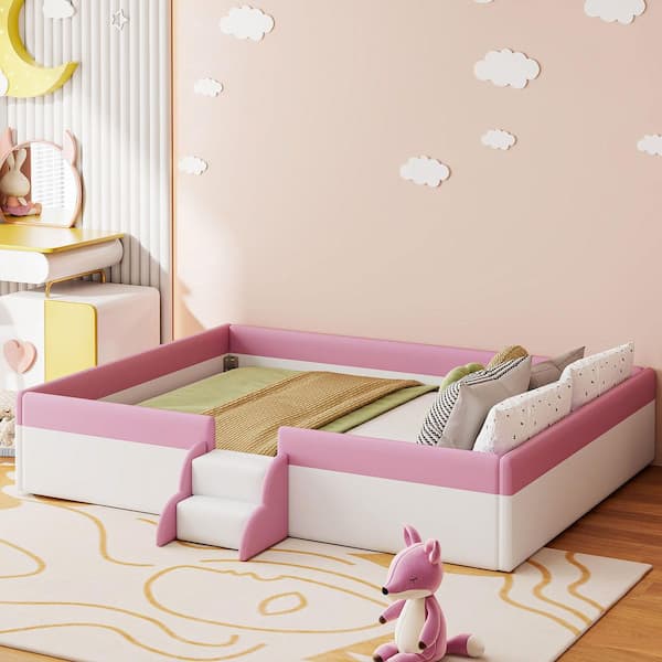 Pink/White King/Queen Size Daybed with Fence and Stairs