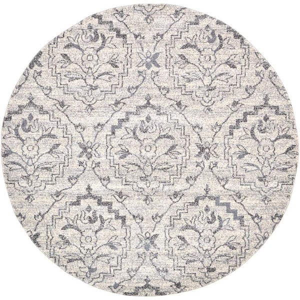 Unique Loom Damask Lively Ivory 6' 0 x 6' 0 Round Rug