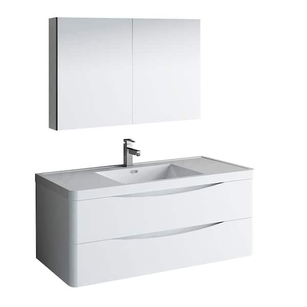 Fresca Tuscany 48 in. Wall Hung Bath Vanity in Glossy White with Vanity Top in White with White Basin and Medicine Cabinet