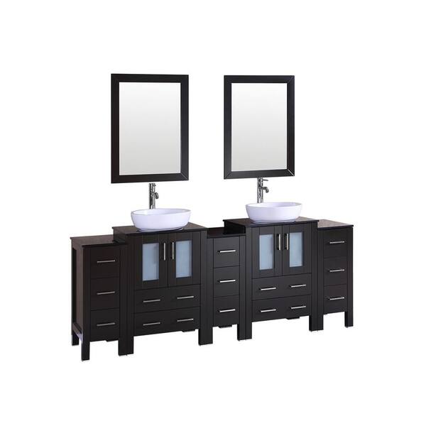 Bosconi 84 in. W Double Bath Vanity in Espresso with  Glass Vanity Top with White Basin and Mirror