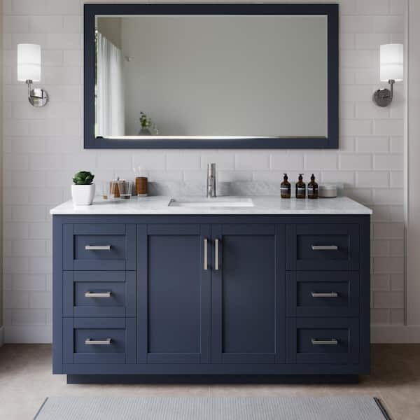 Miranda 66 in. W x 22 in. D x 33.75 in. H Single Sink Bath Vanity in Dark Blue with White Carrara Marble Top and Mirror