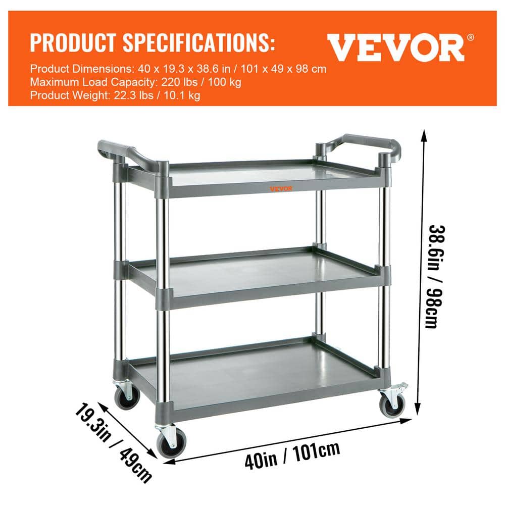 Gray 3-Shelf Heavy Duty Rolling Utility Cart with Lockable Wheels