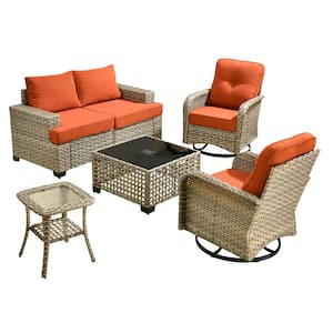 Kelleys 6-Piece Wicker Modern Outdoor Patio Conversation Seating Set with Swivel Chairs and Orange Red Cushions