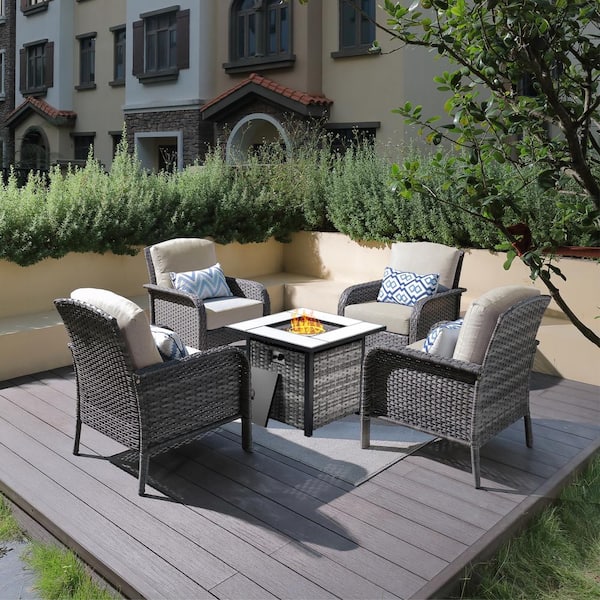 Hyacinth Gray 5-Piece Wicker Patio Outdoor Conversation Seating Set with a Square Fire Pit and Beige Cushions