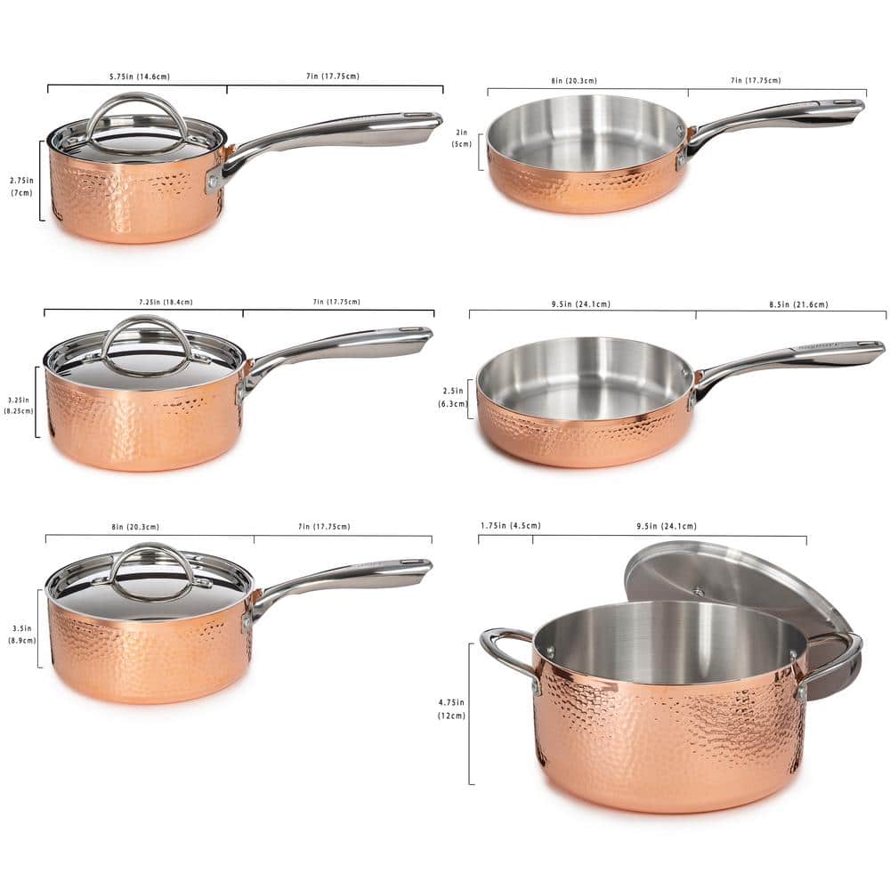 Vintage Hammered Copper and Stainless Steel 10-Piece Cookware Set