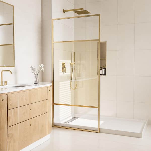 VANITYFUS 34 in. W x 74 in. H x 0.687 in. D Fixed Single Panel Shower Door in Brushed Gold with Clear Glass and Frame