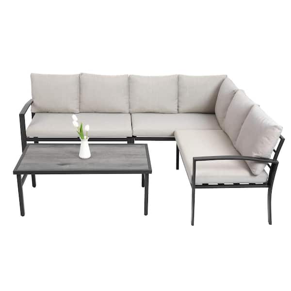 JimsMaison 4-Piece Metal Patio Conversation Set with Beige Cushions and Coffee Table