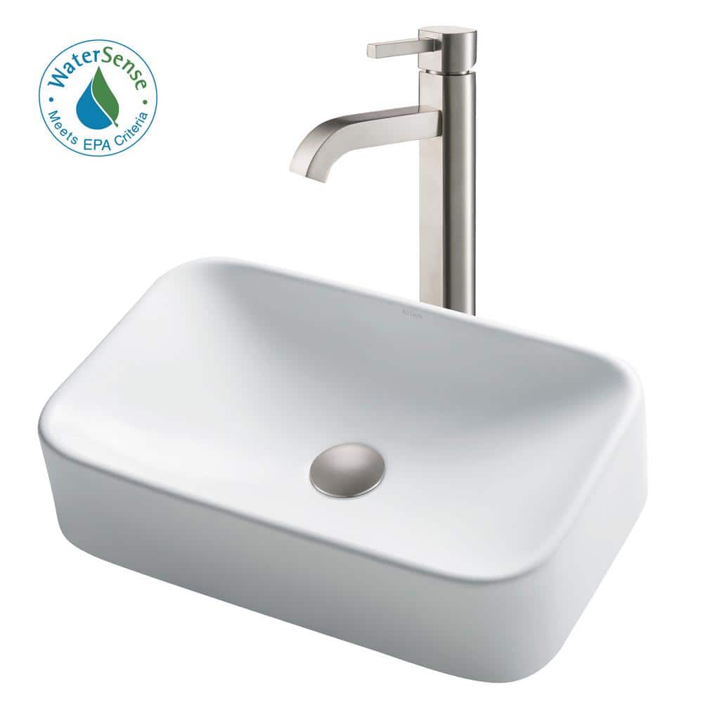 White Ceramic Rectangular Vessel Sink with Satin Nickel Faucet