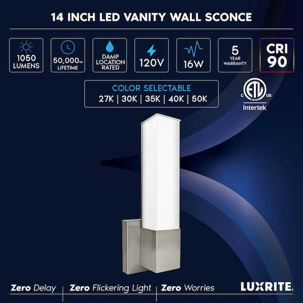 14 in. 2-Lights Brushed Nickel Fixture LED Square Wall Sconces Bathroom Vanity 5CCT 1050 Lumens Dimmable Damp Rated