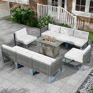 Black Wicker Rattan 9-Piece Steel Outdoor Patio Conversation Set with Gray Cushion and 43 in. Fire Pit Table