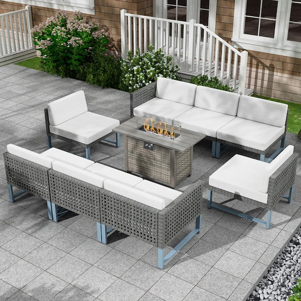 eVita Black Wicker Rattan 9-Piece Steel Outdoor Patio Conversation Set with Gray Cushion and 43 in. Fire Pit Table