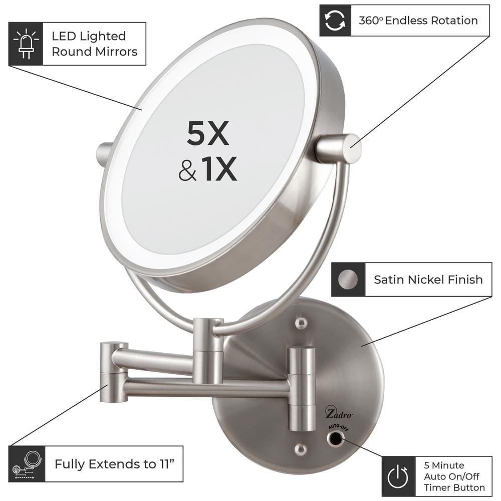 Satin Nickel Round Wall Mounted LED Magnifying Mirror