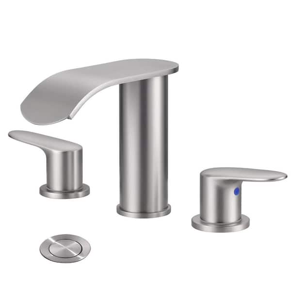 WOWOW 8 in. Widespread Double Handle Waterfall Bathroom Faucet with Pop-up Drain and Supply Hoses in Brushed Nickel