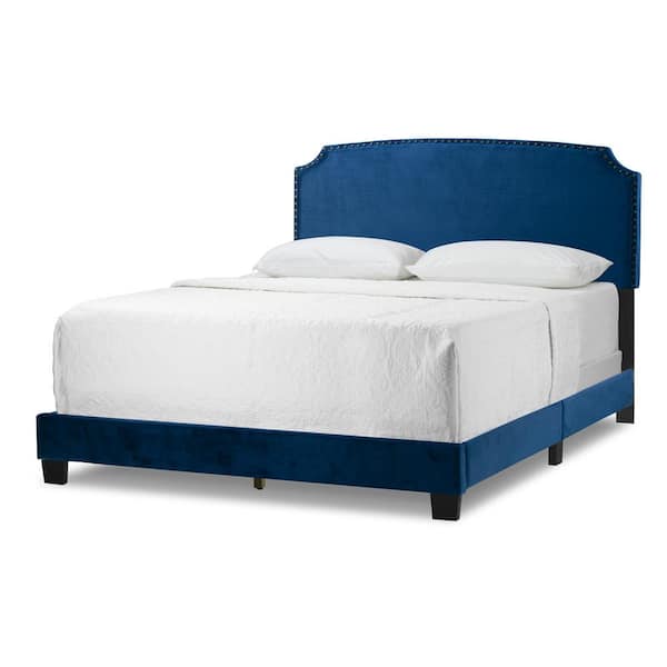 Glamour Home Arezo Navy Blue Velvet Queen Bed with Black Nail Head Trim
