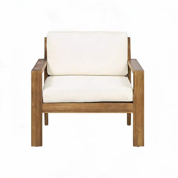Wire Brushed Acacia Wood Outdoor Lounge Chair with Water-Resistant Cushions in Cream durable construction