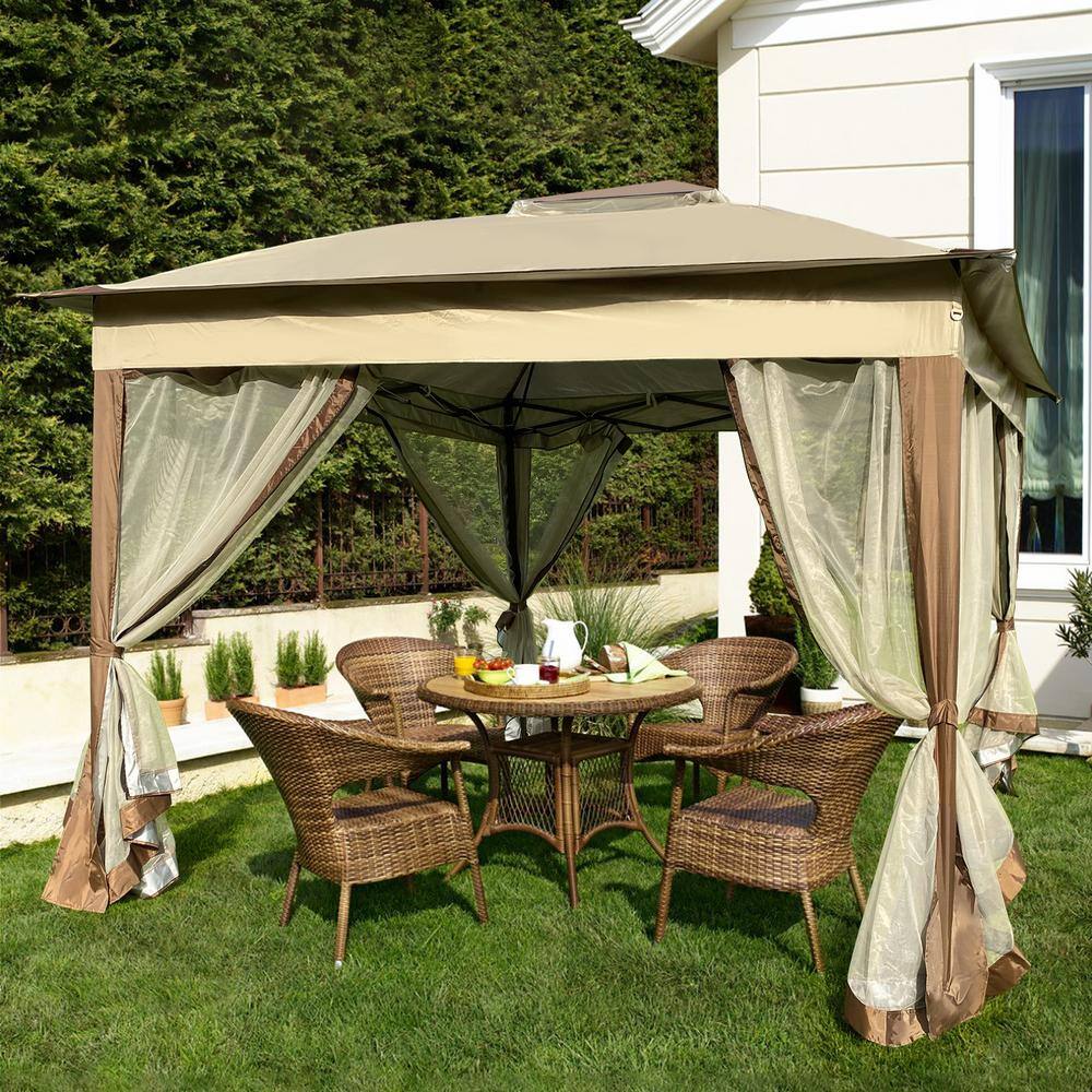 11 ft. x 11 ft. Coffee Pop Up Gazebo Canopy With Removable Zipper Netting,  2-Tier Soft Top Event Tent A85376277 - The Home Depot