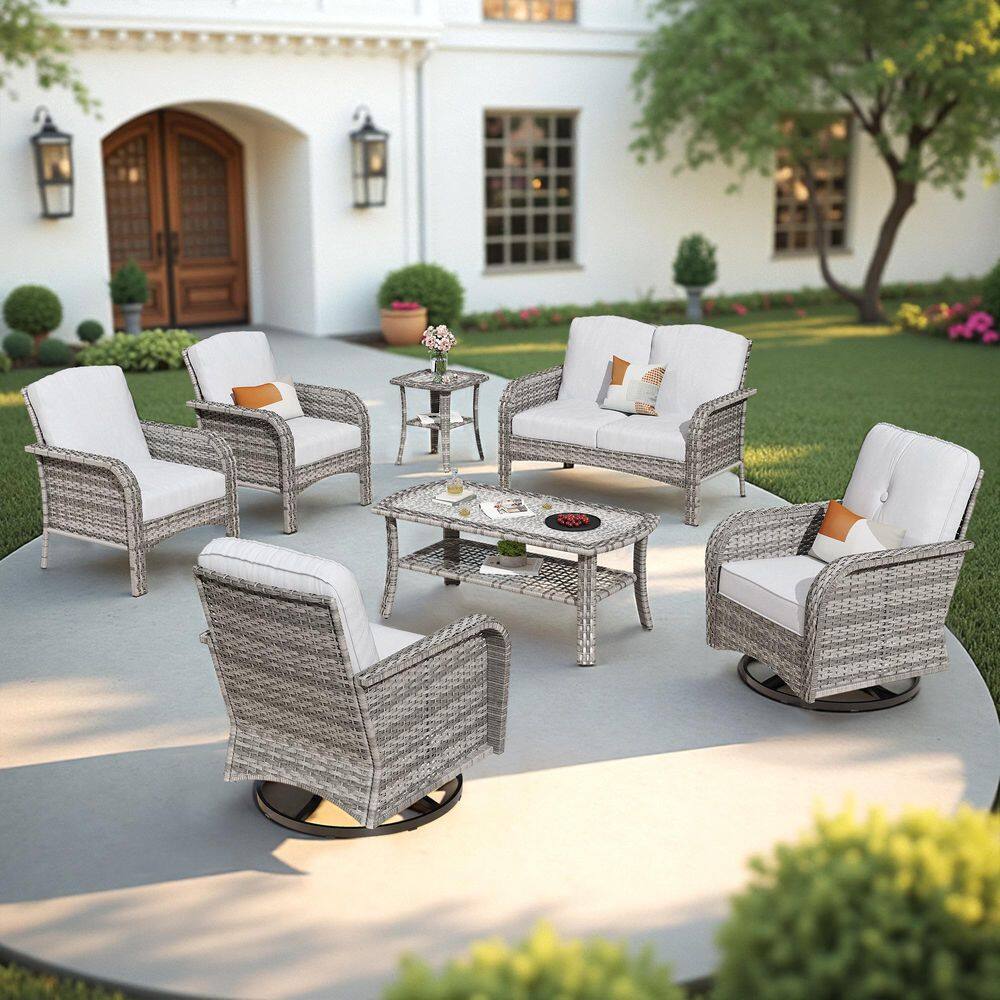 Meis Gray 7-Piece Wicker Patio Conversation Set with Gray Cushions and Swivel Chairs price history on PriceWatchPro