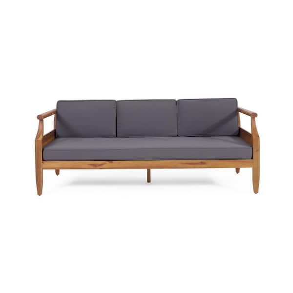 3-Seater Teak Wood Outdoor Lounge Chair with Gray Cushions