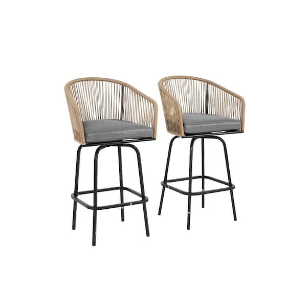 Unbranded Black Metal Outdoor Bar Stools with All Weather Rattan Backrest and Gray Cushions for Backyard, Garden, Set of 2