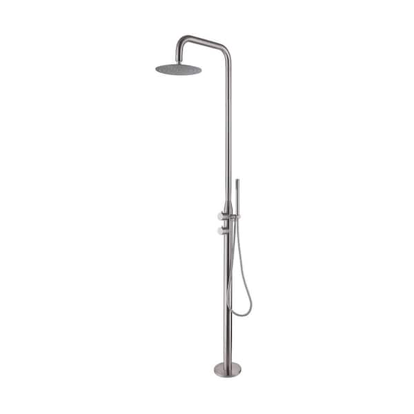 2 Handle 1-Spray Outdoor Freestanding Shower Faucet Kit 2.8 GPM Modern Floor Mount Shower System in Brushed Nickel