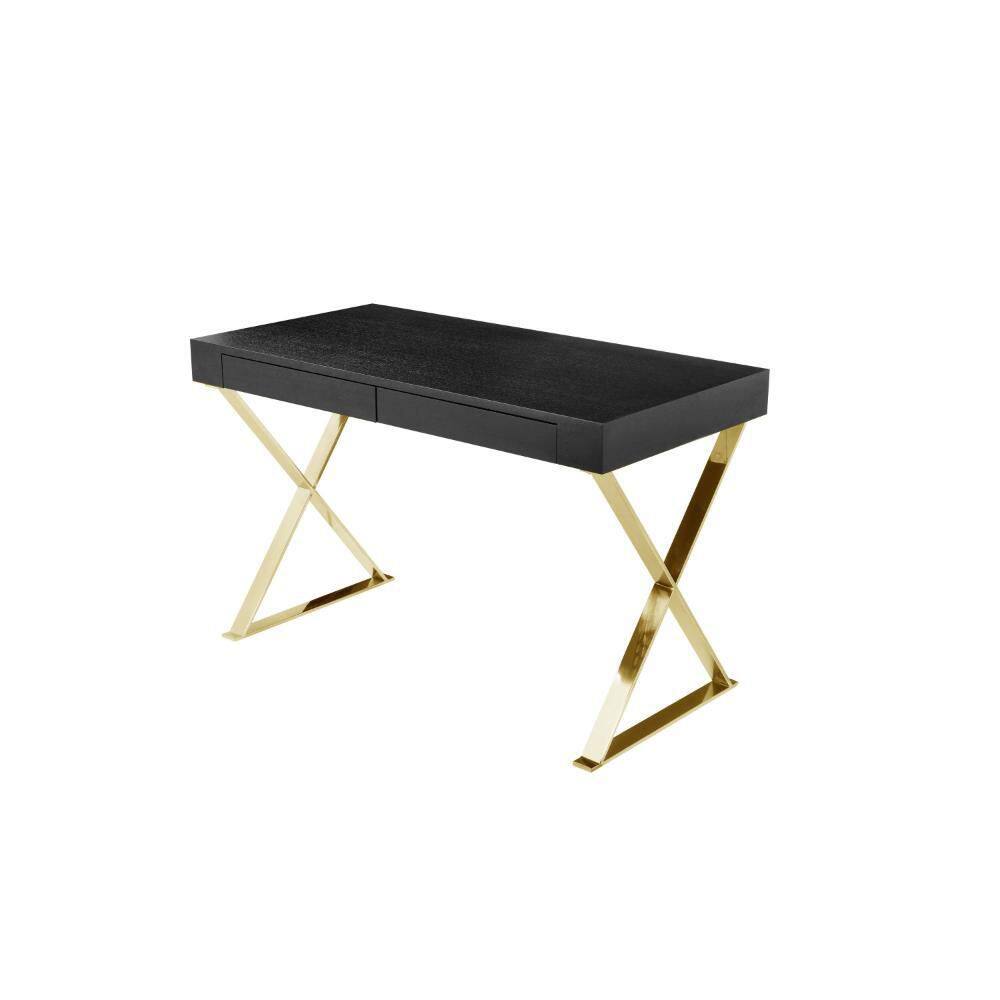 Ada 24 in. Rectangular Black Wood 2-Drawer Writing Desk with Gold X Steel Legs