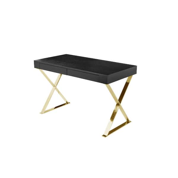 Ada 24 in. Rectangular Black Wood 2-Drawer Writing Desk with Gold X Steel Legs