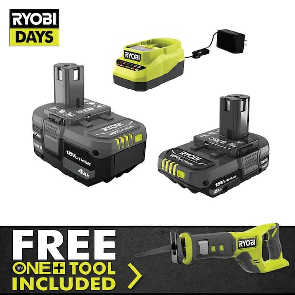 RYOBI ONE+ 18V Lithium-Ion 4.0 Ah Battery, 2.0 Ah Battery, and Charger Kit with FREE ONE+ Cordless Reciprocating Saw