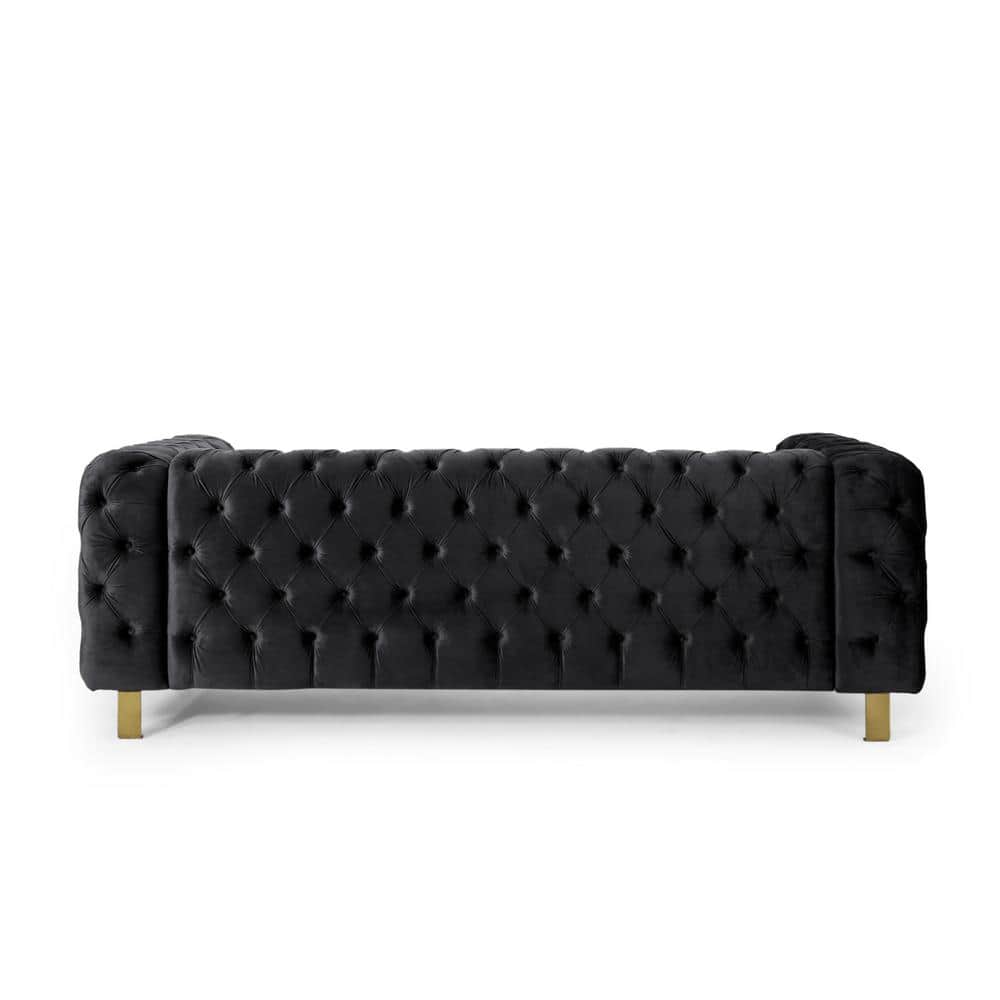Elegant Modern Glam Black Velvet Tufted 3-Seater Sofa with Gold Accents