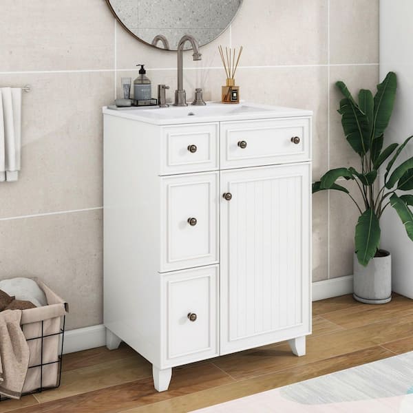 24 in. W x 18 in. D x 34 in. H Single Sink Freestanding Bath Vanity in White with White Ceramic Top and Cabinet
