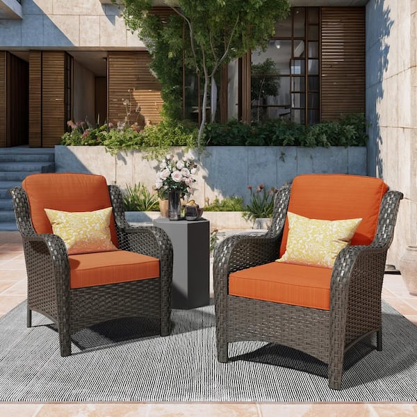 XIZZI Ethereal Brown Wicker Outdoor Patio Stationary Lounge Chair with Orange Red Cushions