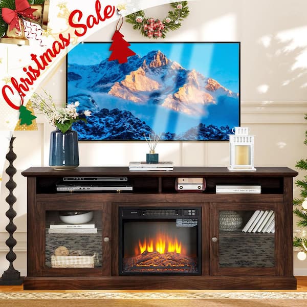 60 in. Freestanding TV Stand in Brown with 18 in. Fireplace Insert, Classic American Design, Open and Closed Storage