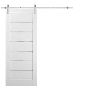 28 in. x 80 in. 6 Lites Frosted Glass White Pine Wood MDF Sliding Barn Door with Hardware Kit