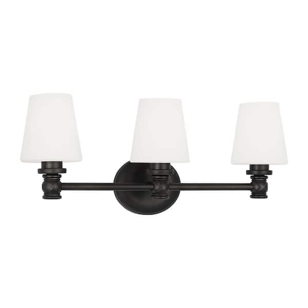 Xavierre 23.125 in. 3-Light Aged Iron Transitional Vanity Light with Opal Etched Cased Glass Shades