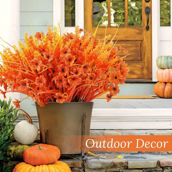 5 in. H Orange Artificial Mums Flowers for Outdoor Decor, Set of