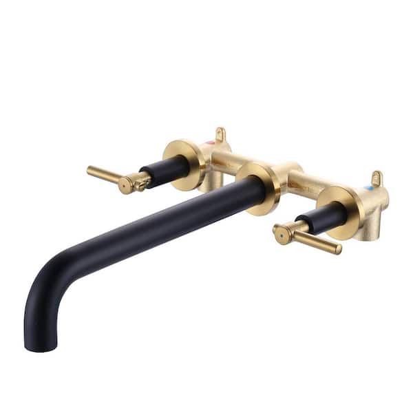 Modern Double Handle Solid Brass Wall Mount Roman Tub Faucet with High Flow Rate Spout in Gold and Black