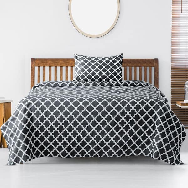 Lux Decor 3-Piece Microfiber Sheet Set Geometric Pattern with Deep Pocket Fitted Sheet and Pillowcase-Twin Black White