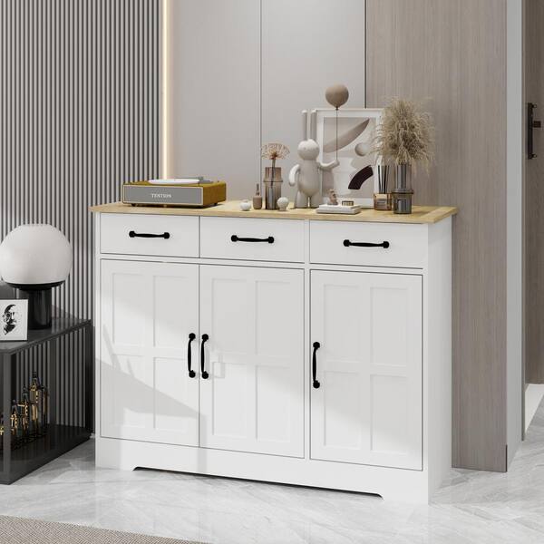 FUNKOL 42.72-in W x 15.35-in D x 32.09-in H in MDF Ready to Assemble Kitchen Cabinet in White with 3 Drawers and 3 Doors