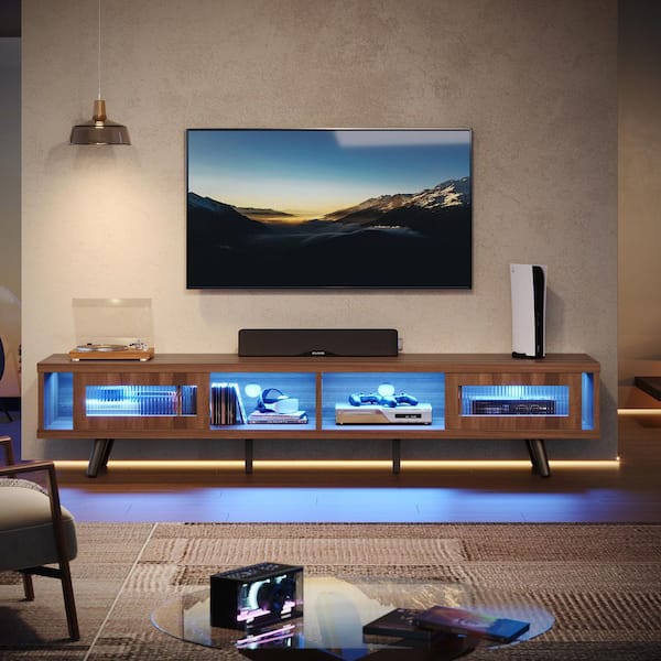 70 in. Mid-century TV Stand Fits TV up to 75 in. with LED Light Sliding Door and 4 Open Shelves Walnut