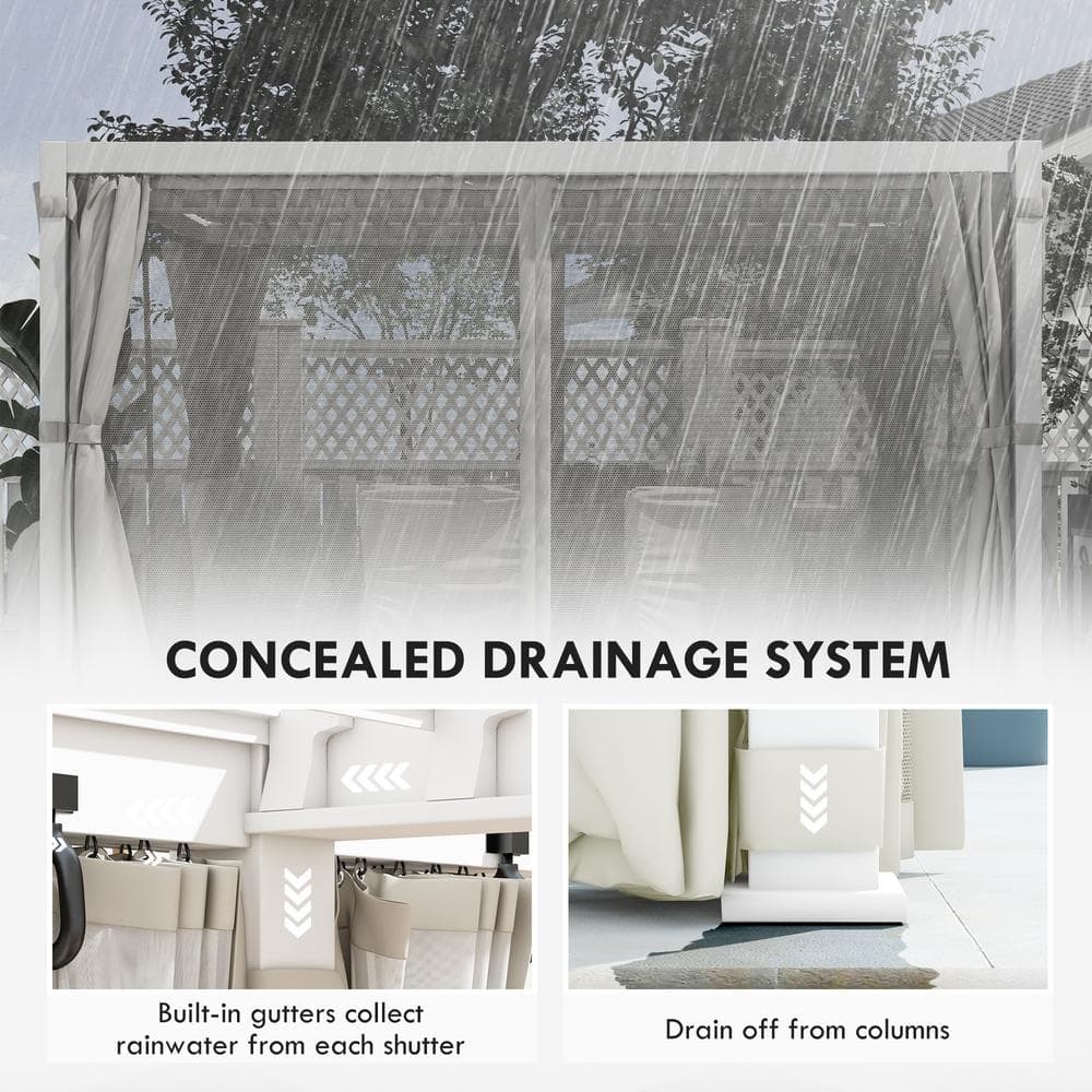 White Aluminum Outdoor Pergola with Adjustable Canopy and Curtains