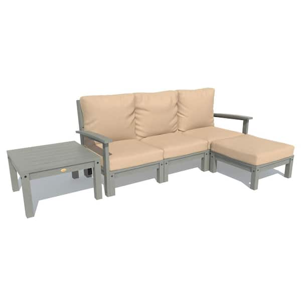Highwood Bespoke Deep Seating 3-Piece Plastic Outdoor Couch, Ottoman and Side Table with Cushions
