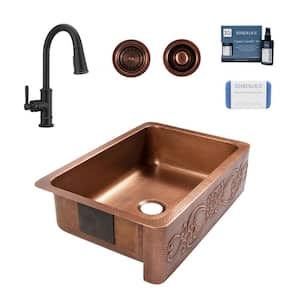 Ganku 33 in. Farmhouse Apron Front Undermount Single Bowl 16 Gauge Antique Copper Kitchen Sink with Bronze Faucet Kit