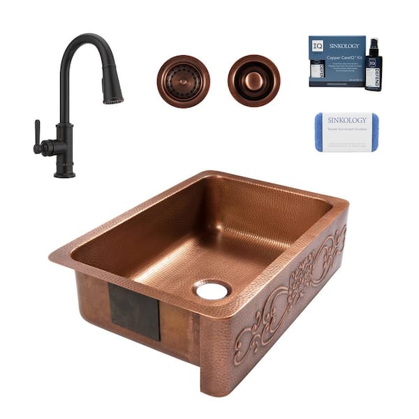 SINKOLOGY Ganku 33 in. Farmhouse Apron Front Undermount Single Bowl 16 Gauge Antique Copper Kitchen Sink with Bronze Faucet Kit