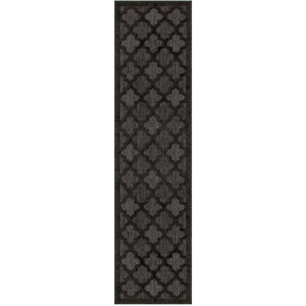 Nourison Easy Care Charcoal Black 2 ft. x 8 ft. Trellis Contemporary Runner Area Rug