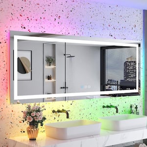 84 in. W x 32 in. H Rectangular Frameless RGB Backlit & LED Frontlit Anti-Fog Tempered Glass Wall Bathroom Vanity Mirror